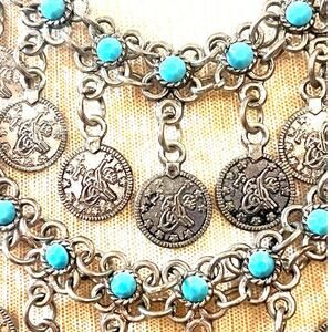 2-Tiered Grecian Silver-tone Coins with Turquoise Accents- Bib Necklace